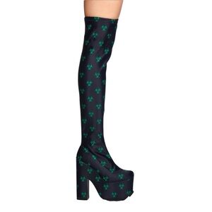YRU Labyrinth Toxica Knee High Boots Black Green 8 Platform Bio Hazard Funky